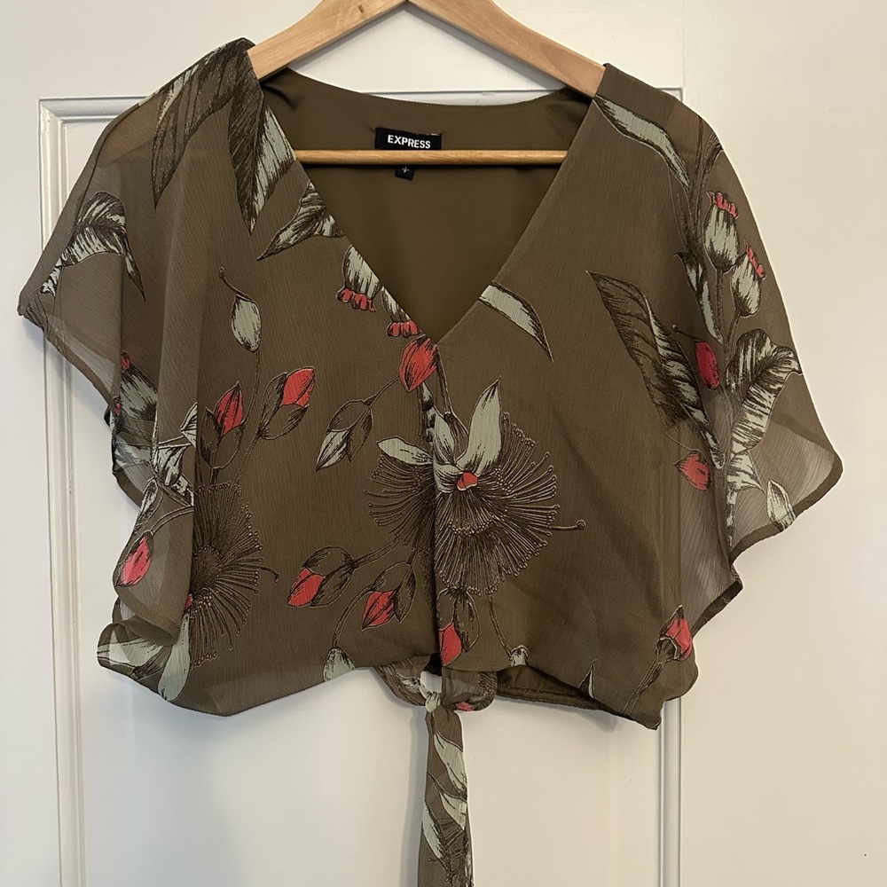 Express Brown and Red Floral Wrap Blouse